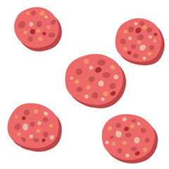 Piece of sausage. Meat food slice. Kielbasa with fat. Polish pork delicacy and ingredient. Flat cartoon illustration