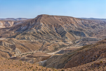 Zin Valley in the middle of Negev Desert in Israel. Top view from the Midreshet Ben-Gurion