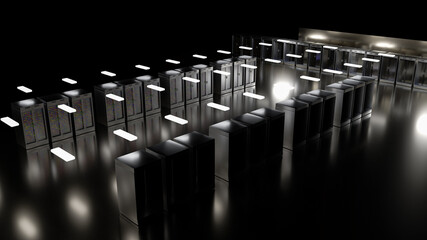 Server room data center. Backup, mining, hosting, mainframe, farm and computer rack with storage information. 3d render