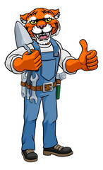 A tiger bricklayer builder construction worker mascot cartoon character holding a trowel tool and giving a thumbs up