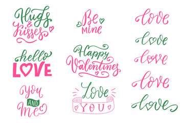 Hugs and kisses, love, hello love, be mine. Valentine romantic hand lettering quotes set. Vector design element. Wedding sayings