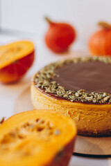 delicious pumpkin cheesecake decorated with pumpkin seeds