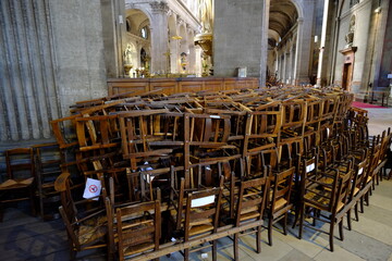 The disposition of the chair at Saint-Sulpice church during the covid-19. Paris, France - 30th december 2020