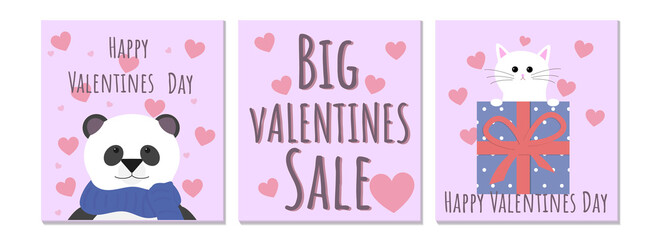 A set of cards for Valentine's Day. Valentine's Day discounts. Suitable for social media posts, mobile apps, postcards, invitations, banner designs, and online ads. Vector illustration.