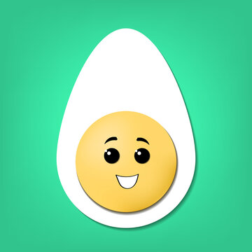 Boiled egg cutaway icon. Cute volumetric cartoon egg isolated on background. A happy egg with eyes and a smile. Vector illustration.