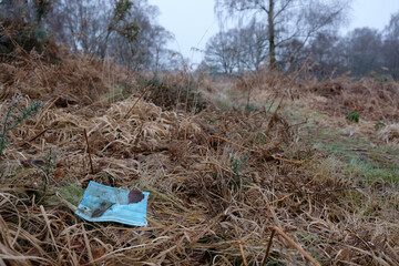 A landscape format image of a medical mask discarded in the countryside in a cold frosty landscape in winter with trees in the background. Image has space for text and headings.