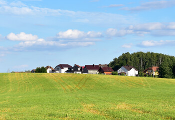 Obraz premium View of the green field with homes in the distance and farm buildings in forest on blue sky background. Country houses in the countryside.The concept of farming and agritourism