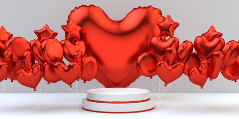 Podium for product with colorfull red helium ballons in heart, star shape. Valentine's day banner. 3d illustration great for birthday, love and romantic postcard.