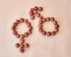 The gender sign indicating the male and female body is made of macadamia nuts.