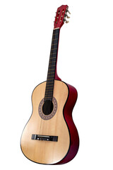 Obraz premium Popular entertainment, blues music song and stringed musical instrument concept with picture of wood acoustic guitar isolated on white background with clipping path cutout