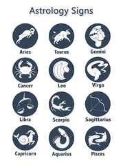 set of zodiac signs Astrology horoscope. Vector flat design cartoon web icons with handwritten text naming the mascots