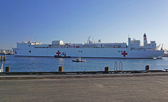 San Pedro, California USA - March 27, 2020: Hospital Ship Mercy In Main Channel Of Port Of Los Angeles Harbor, To Provide Medial Assistance During Covid-19 Coronavirus Pandemic