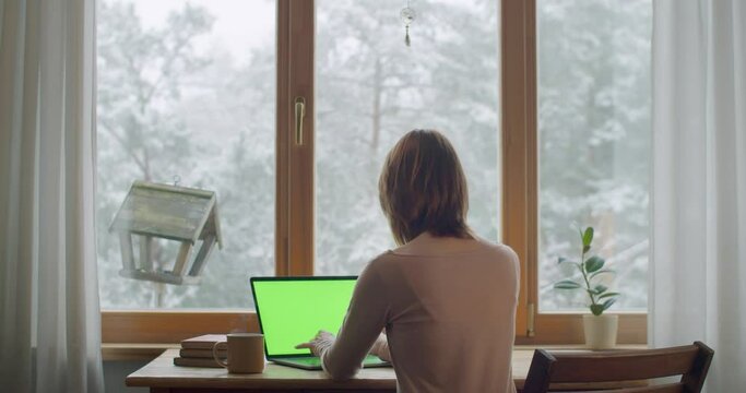 Back view of woman typing on mock up laptop sitting by window winter snowy landscape. Faceless girl freelancer working indoors at wooden table cozy interior slow motion. Freelance lockdown concept