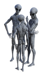 Illustration of a group of gray aliens standing around talking to each other in various poses isolated on a white background. - 402556915