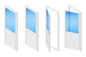 Set of isometric vector illustrations metal plastic PVC balcony doors or windows isolated on white background. Set of opened and closed glass balcony doors icons in flat cartoon style. Energy Saving. 