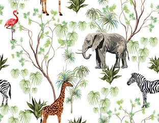 Tropische botanische Vintage-Landschaft, Palme, Dschungelpflanzen, Palmblätter, Faultier, Zebra, Giraffe, Flamingo, Elefant. Nahtloses Blumenmuster. Tapete mit Dschungeltieren.