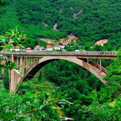 Fototapeta premium Dzhurdzhevich Bridge over river Tara canyon in Montenegro. Unique architecture. Stunning view on natural national park Durmitor. Panoramic landscape mountain covered green trees forest