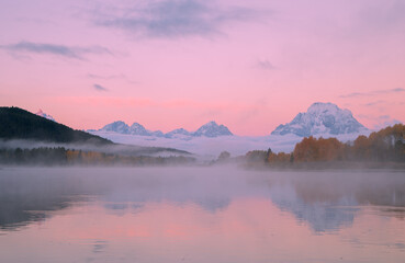 Foggy Sunrise Landscape in the Grand Teton National Park in Autumn