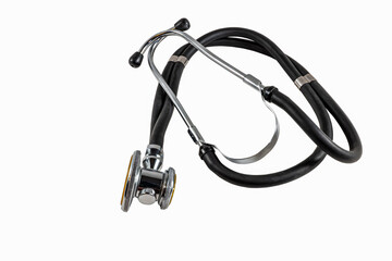 Stethoscope. Isolate. Top view, side view. Metal. Black.