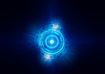 Futuristic transfer digital data network to center. blue circle abstract background.