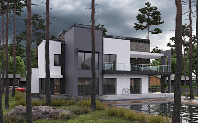 3d render of a modern private house in the woodland with a swimming pool 