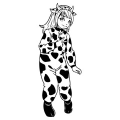 vector illustration cute girl in ox costume, line art