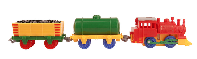 Train with locomotive and wagons colorful toy isolated on white background