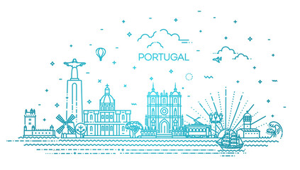 Portugal line skyline with panorama in white background - obrazy, fototapety, plakaty