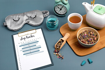 Classic alarm clock, sleeping mask, sleep tracker and herbal tea on blue background.  Minimal...