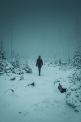 Back view of a adventure girl hiking in the snow winter mountains on a foggy moody dark day. Cold mountain landscape. Harz Mountain, Harz National Park, Torfhaus, Germany