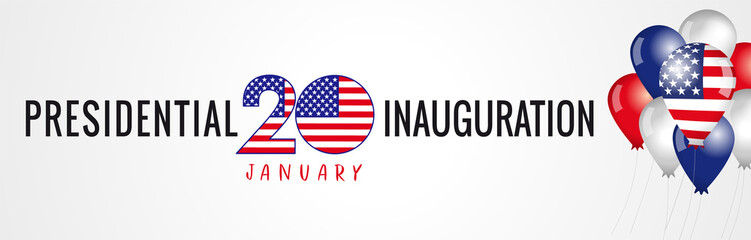 Presidential Inauguration USA 2021, January 20 poster. Social distancing concept US president inauguration with text and balloons with flag. Isolated vector graphic design - obrazy, fototapety, plakaty