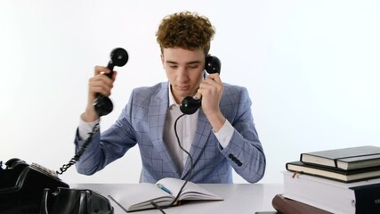 A lot of phone calls: Busy Angry assistant agent helper  working and answering a lot of calls at the same time, landline rotary phone. old school marketing or bad assistance concept - Powered by Adobe