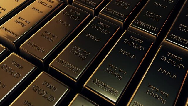 Gold Bars or Gold Bullion 3d animation of a lot of Gold Ingots v1 4k. High quality 4k footage