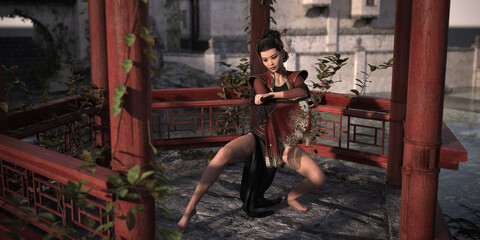 Obraz na płótnie Canvas Woman from China performing dance and fighting figures with the sword in the Chinese pavilion. 3D rendering, 3D illustration, 3D art.