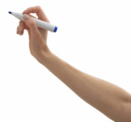 Female hand with a marker is isolated on the white background.
