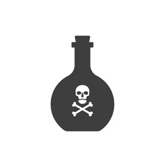 Bottle poison alcohol skull in full face for concept design. Dangerous container. Potion beverage bar drink concept. Alcohol addiction icon. Venom, danger symbol. Isolated flat illustration