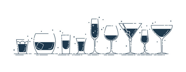 Glassware vodka whiskey rum tequila liquor red wine vermouth martini champagne beer line art in row in flat style. Restaurant alcoholic illustration for celebration design. Beverage outline icon.