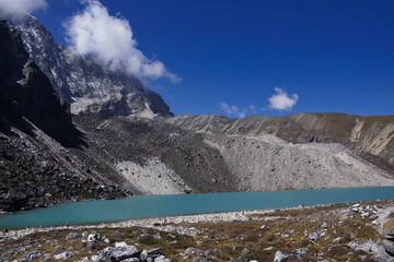 Gokyo Lake. Ice mountain lake in front of Gokyo Ri in the Everest area. Next to Ngozumpa glacier. 4900 meter over sea level.