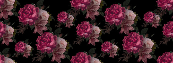 Red roses on black background, flowers print, design textile fashion fabric