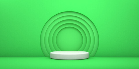 Green podium 3d illustration. Vectorial round podium, pedestal or platform, background for the presentation of cosmetic products. Place for advertising. Background of the product stand.