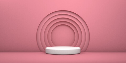 Red podium 3d illustration. Vectorial round podium, pedestal or platform, background for the presentation of cosmetic products. Place for advertising. Background of the product stand.