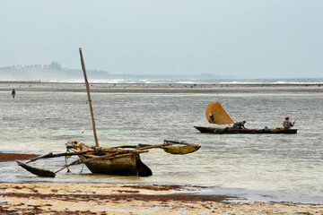 Traditional kenyan boats in Indian ocean. Surroundings of Mombasa, Kenya.