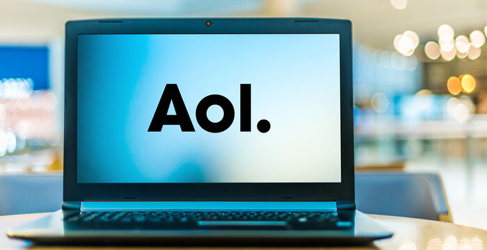 Laptop computer displaying logo of AOL