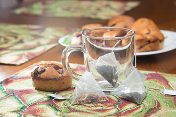 Pyramid-shaped tea bags.Homemade tea party.