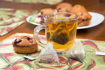 Pyramid-shaped tea bags.Homemade tea party.