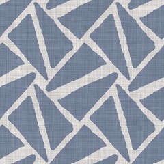 Seamless french farmhouse linen geometric block print background. Provence blue gray rustic pattern texture. Shabby chic style old woven blur textile all over print.