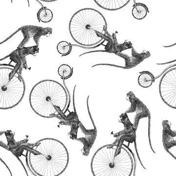 Beautiful vector stock seamless pattern with cute hand drawn monkey on bike pencil illustrations.