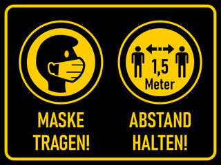 Maske tragen (Wear a Mask) and Abstand halten (Keep Your Distance) 1.5 Metres or 1.5 m Horizontal Warning Sign in German including Text and Instruction Icons. Vector Image.