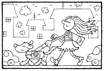 blind girl with guide dog crossing road, coloring page, black and white illustration, world braille day january 4