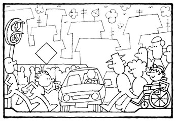 smiling handicapped boy in wheelchair on street, traffic jam coloring book for kids